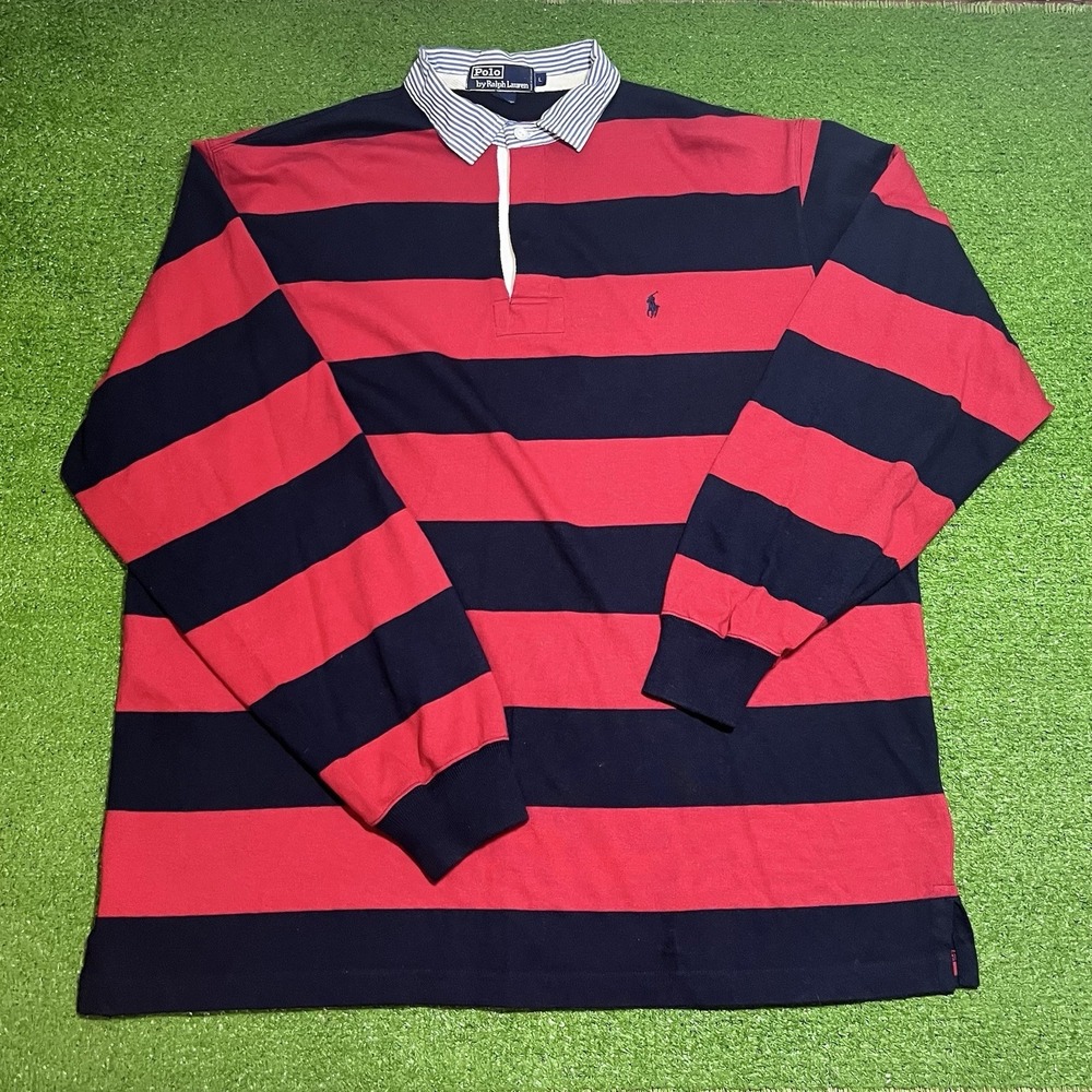 Vintage Polo Ralph Lauren Rugby Shirt L Stripe Red Blue RARE pinstripe Collar